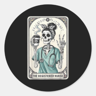 Pegatina Redonda La enfermera Tarot Card Skeleton Rn Nursin