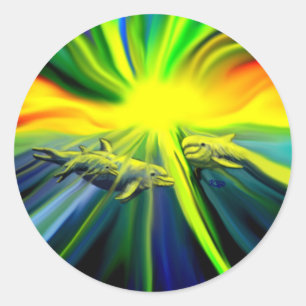 Pegatina Redonda La familia de los delfines al sol