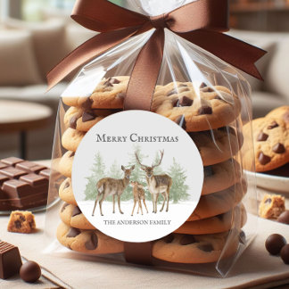 Pegatina Redonda La familia de los venados en invierno Nieve Feliz