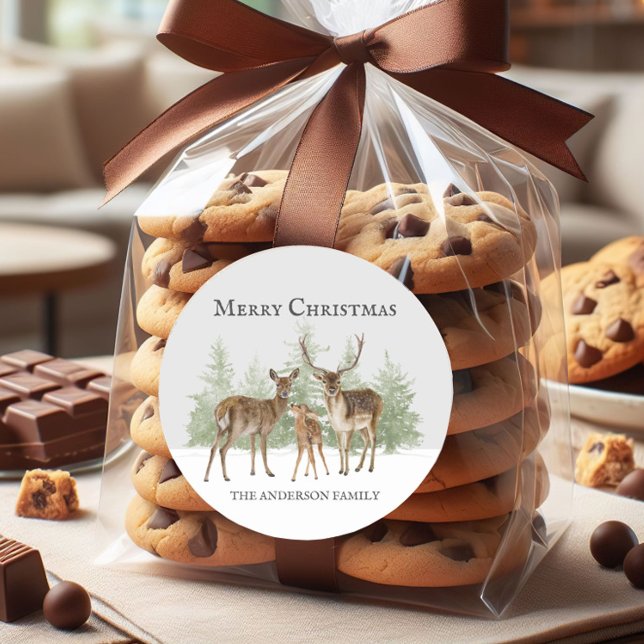 Pegatina Redonda La familia de los venados en invierno Nieve Feliz  (Deer in winter snow Christmas gift bag/envelope seal sticker)
