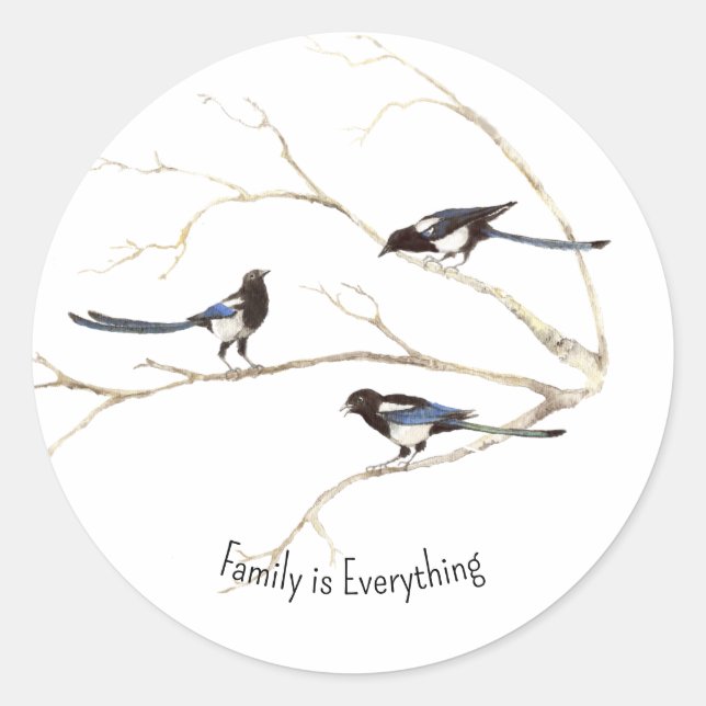 Pegatina Redonda La familia de pájaros magpie de nombre personaliza (Anverso)