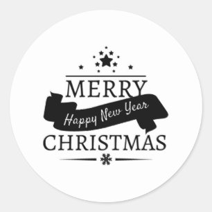 Pegatina Redonda La Feliz Navidad Blanca Negra Y El Feliz Año Nuevo