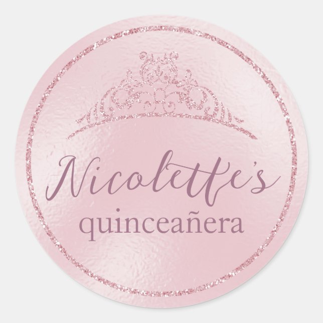 Pegatina Redonda La glamorosa Purpurina rosa Tiara Quinceañera (Anverso)