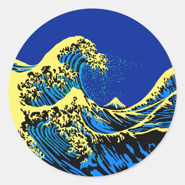 Pegatina Redonda La gran ola de Hokusai al estilo pop amarillo azul (Anverso)