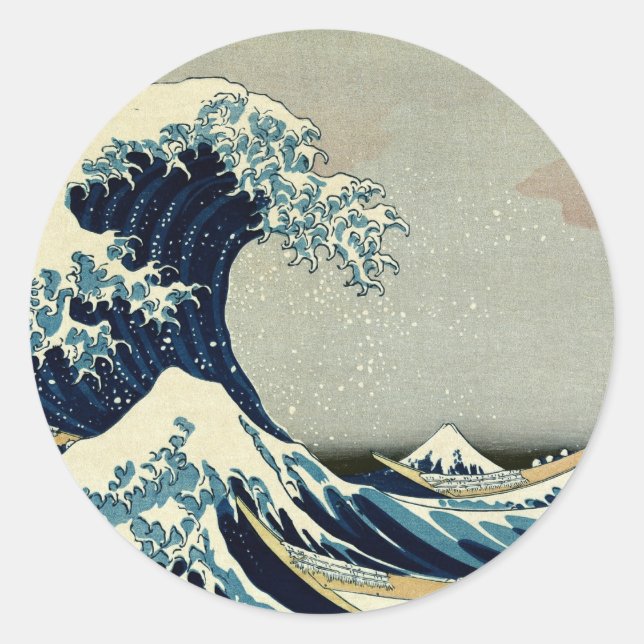 Pegatina Redonda La gran ola de Katsushika Hokusai en Kanagawa (Anverso)
