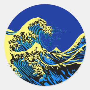 Pegatina Redonda La gran onda de Hokusai en estilo amarillo azul