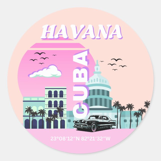 Pegatina Redonda La Habana Cuba: arte de viajes rosado (Anverso)