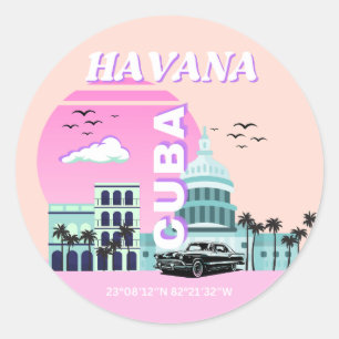 Pegatina Redonda La Habana Cuba: arte de viajes rosado