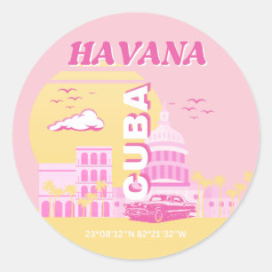 Pegatina Redonda La Habana Cuba Arte Previo Rosa