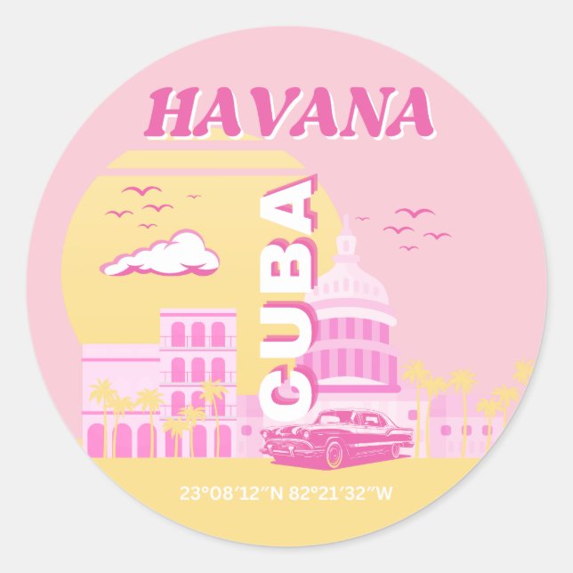 Pegatina Redonda La Habana Cuba Arte Previo Rosa (Anverso)