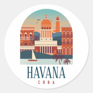 Pegatina Redonda La Habana Isla de Cuba Vintage Minimal Retro Ciuda