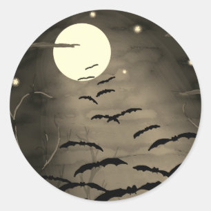 Pegatina Redonda La hora embrujada Luna Llena Murciélagos Vintage H