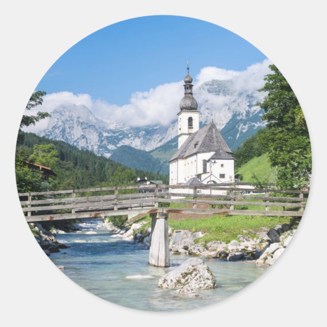 Pegatina Redonda La iglesia parroquial de Ramsau (Anverso)
