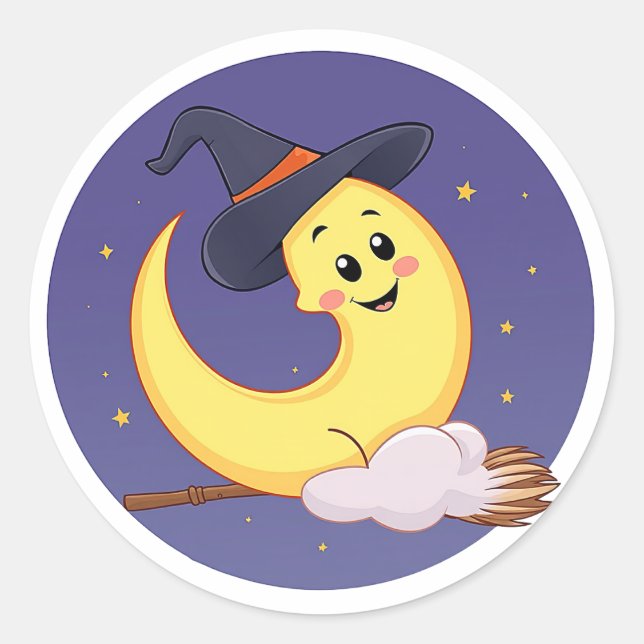 Pegatina Redonda La luna lleva gorra de brujas (Anverso)
