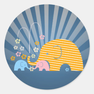 Pegatina Redonda La madre de los elefantes animales y el bebé con f