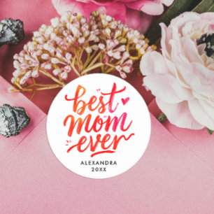 Pegatina Redonda La Mejor Mamá del Mundo en Caligrafía Roja y Blanc