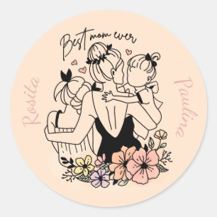 Pegatina Redonda La mejor mamá mamá, niños y personalizado de flore