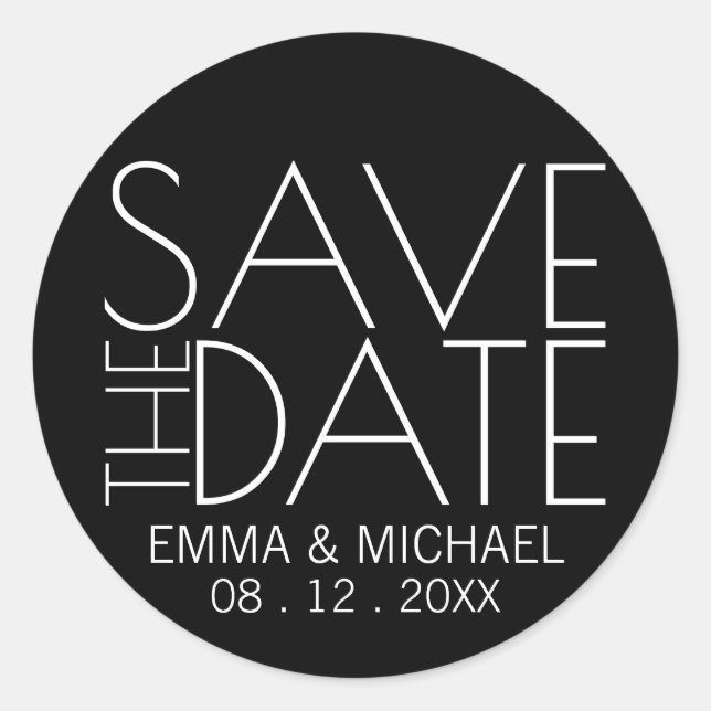 Pegatina Redonda La moderna boda blanca y negra salva la fecha (Anverso)