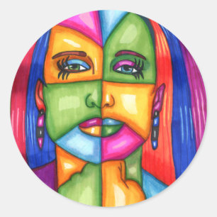 Pegatina Redonda La mujer abstracta de las estrellas arte original