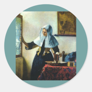 Pegatina Redonda La mujer joven de Vermeer con una jarra Ca 1665