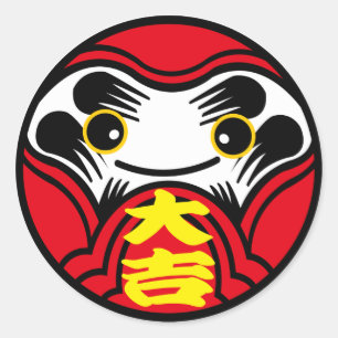 Pegatina Redonda La muñeca Daruma trae "Buena suerte" (大 吉)