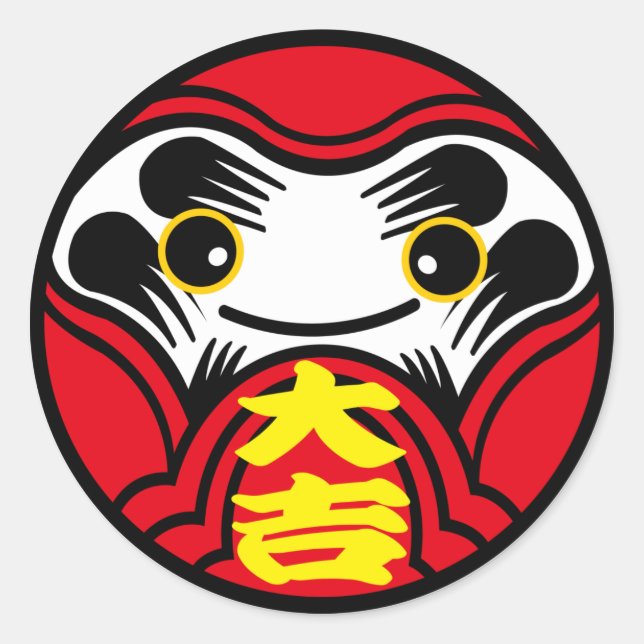Pegatina Redonda La muñeca Daruma trae "Buena suerte" (大 吉) (Anverso)