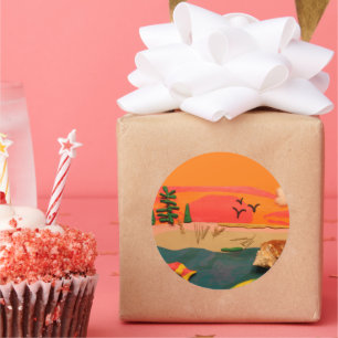 Pegatina Redonda La naturaleza de la escena de playa: arte folclóri