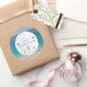 Pegatina Redonda La navidad del ferry del dólar de arena azul del o