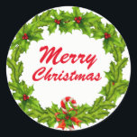 Pegatina Redonda La navidad, Merry Christmas wreath<br><div class="desc">La navidad,  Merry Christmas wreath
Bordador,  pegatina

Holly Ilex with hablas berries.
Acebo con bayas rojas,  Weihnachtskranz

Green,  hablas colors</div>