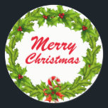 Pegatina Redonda La navidad, Merry Christmas wreath<br><div class="desc">La navidad,  Merry Christmas wreath
Bordador,  pegatina

Holly Ilex with hablas berries.
Acebo con bayas rojas,  Weihnachtskranz

Green,  hablas colors</div>