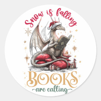 Pegatina Redonda La nieve está cayendo, los libros están llamando