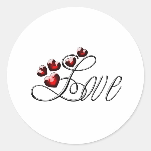 Pegatina Redonda La palabra amor con corazones brillantes rojos Clá (Anverso)