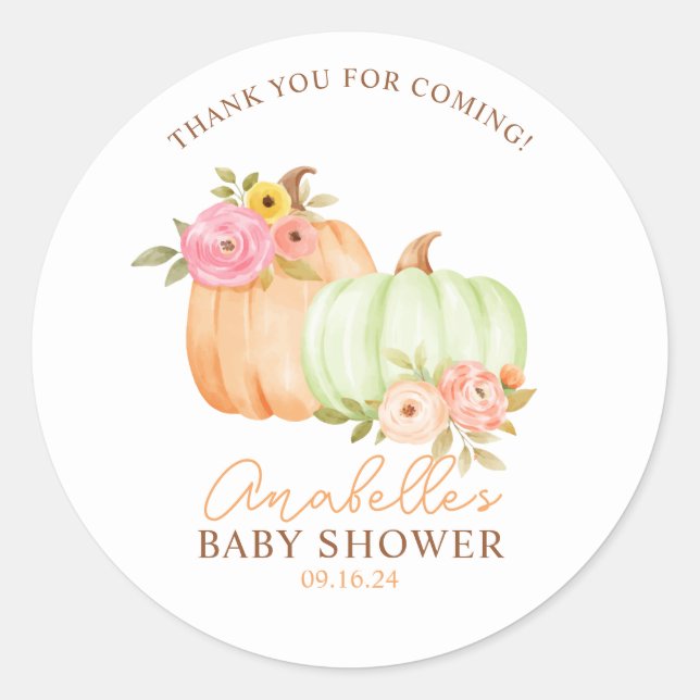 Pegatina Redonda La pequeña calabaza cae Baby Shower personalizada (Anverso)