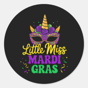 Pegatina Redonda La Pequeña Máscara De Miss Mardi Gras Unicornio Pa
