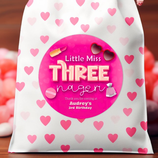 Pegatina Redonda La pequeña Miss Threenager - Chica tercer cumpleañ (Little Miss Threenager - Girl 3rd Birthday Classic Round Sticker)