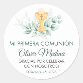 Pegatina Redonda La primera comunión de las hojas verdes refinadas