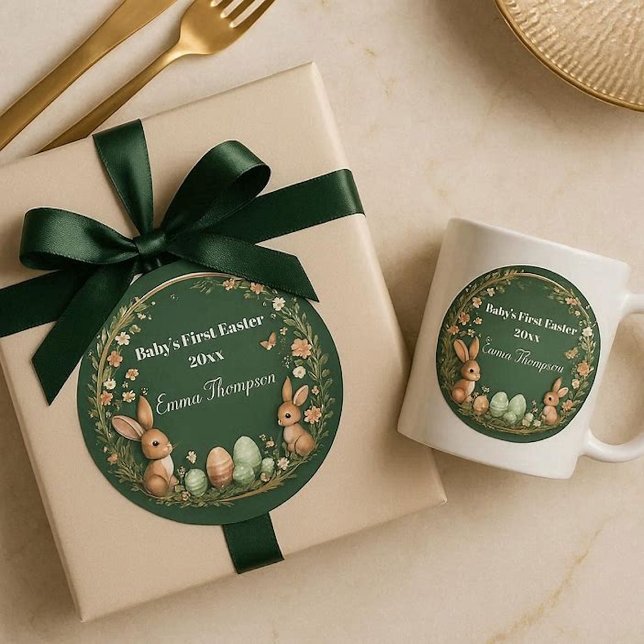 Pegatina Redonda La primera corona de Pascua de primavera del bebé, (Baby's First Easter Spring Wreath Woodland Animals Classic Round Sticker)