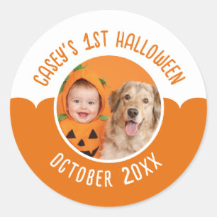 Pegatina Redonda La primera Halloween del bebé con foto personaliza