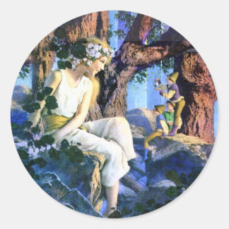 Pegatina Redonda La Princesa Justa de Maxfield Parrish y los gnomos