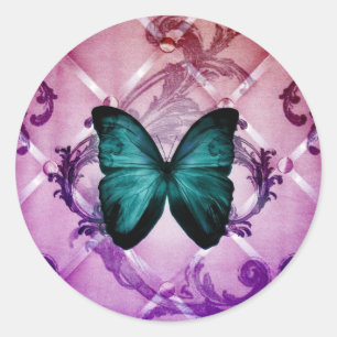 Pegatina Redonda La púrpura magenta remolina mariposa verde azulad