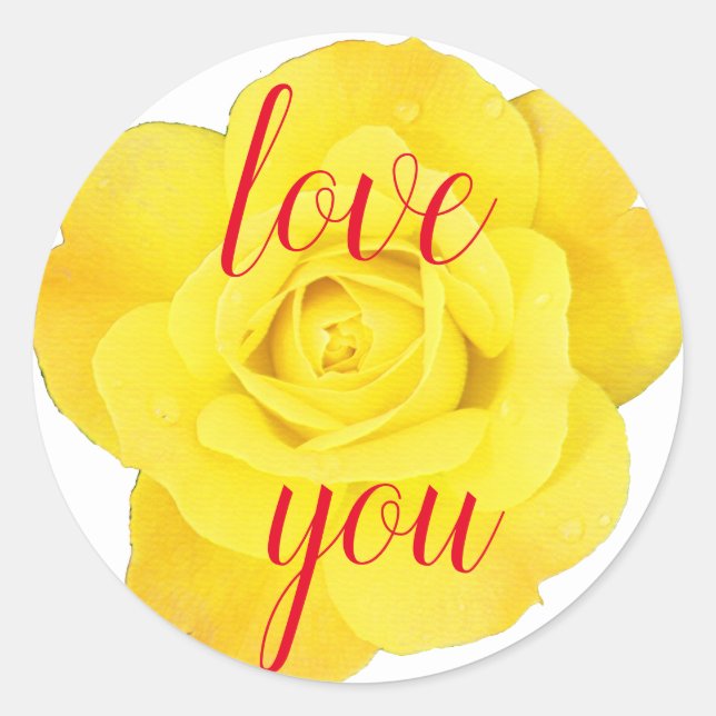 Pegatina Redonda La rosa amarilla te ama floral letras grandes Cute (Anverso)