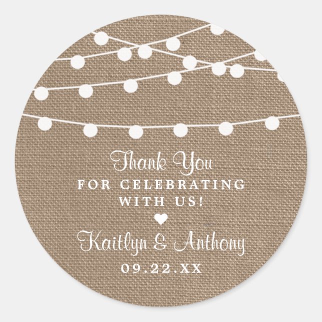 Pegatina Redonda La Rustic Burlap String ilumina la colección Boda (Anverso)