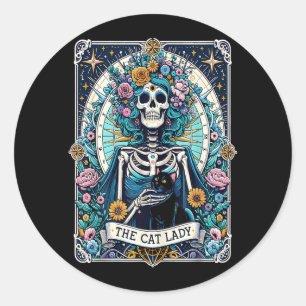 Pegatina Redonda La Señora de los Gatos Tarot Carta Esqueleto Gata 