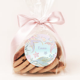 Pegatina Redonda La sirena de la Purpurina acuarela viaja bajo el m