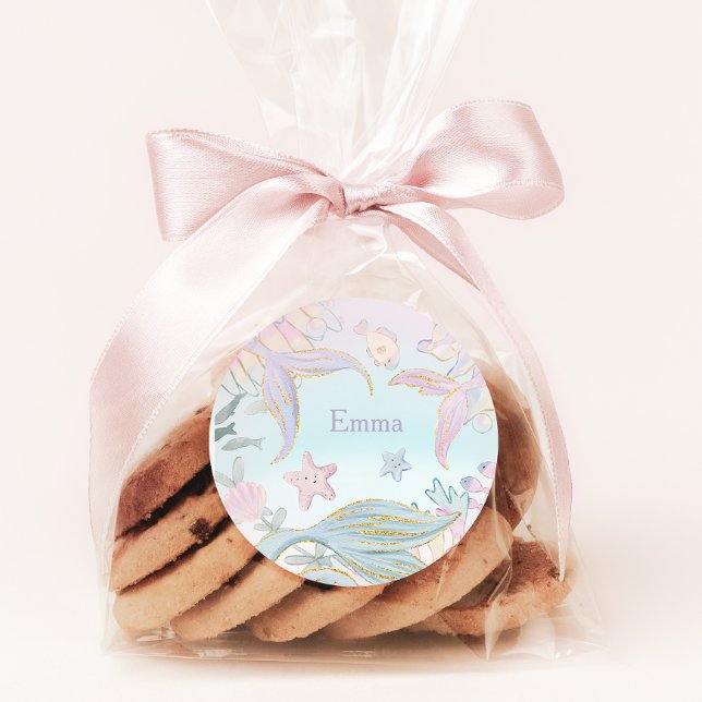 Pegatina Redonda La sirena de la Purpurina acuarela viaja bajo el m (Subido por el creador)