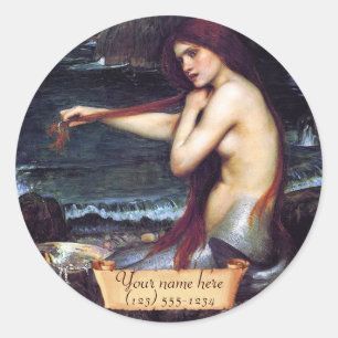 Pegatina Redonda "La sirena" Planilla de biblioteca preraphaelita