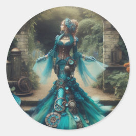 Pegatina Redonda La sirena Verde azulada de Steampunk Vintage