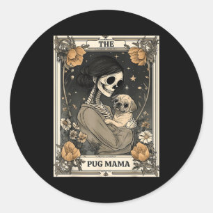 Pegatina Redonda La tarjeta de tarot del esqueleto de la mamá Pug V