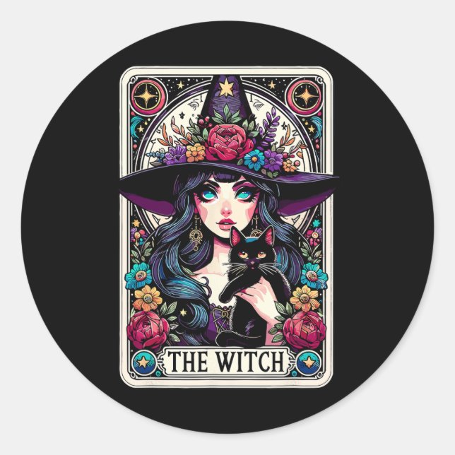 Pegatina Redonda La tarjeta Tarot de brujas Halloween Vibes góticos (Anverso)