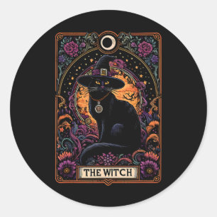 Pegatina Redonda La tarjeta Tarot de gato de bruja Halloween Vintag
